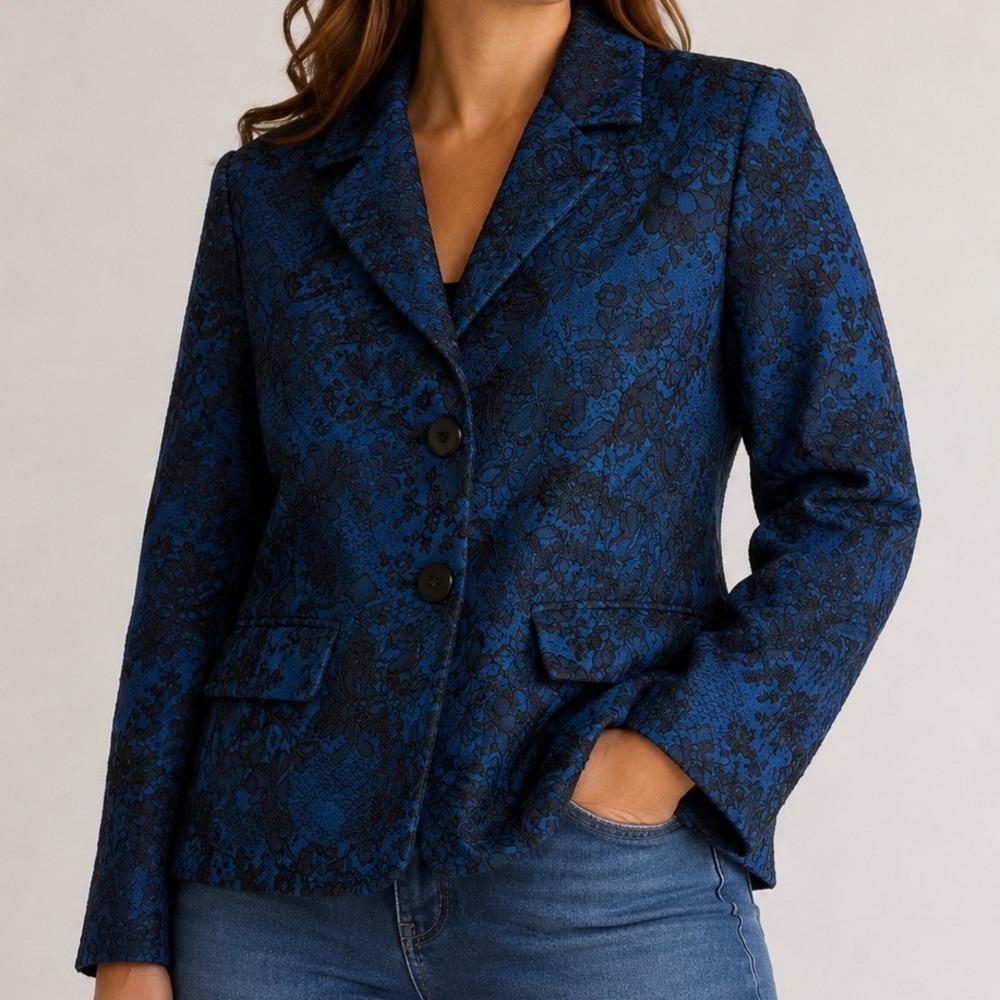 Chico's Blazer Women's Small Blue Black Floral Jacquard Brocade Statement Jacket